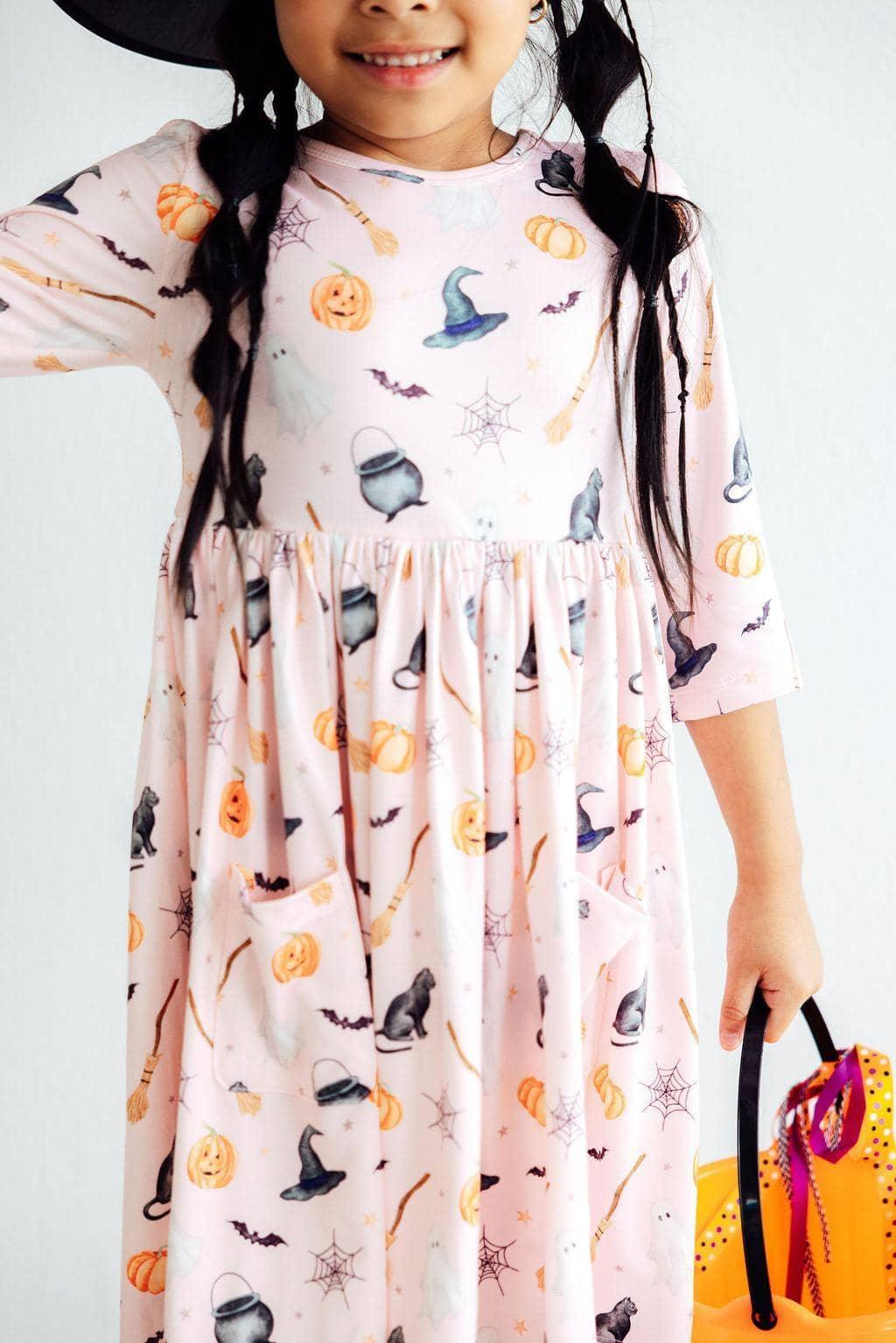 Hey Boo 3/4 Sleeve Pocket Twirl Dress for Girls - Soft, Stretchy, Machine Washable, Fun Design - The Palm Beach Baby
