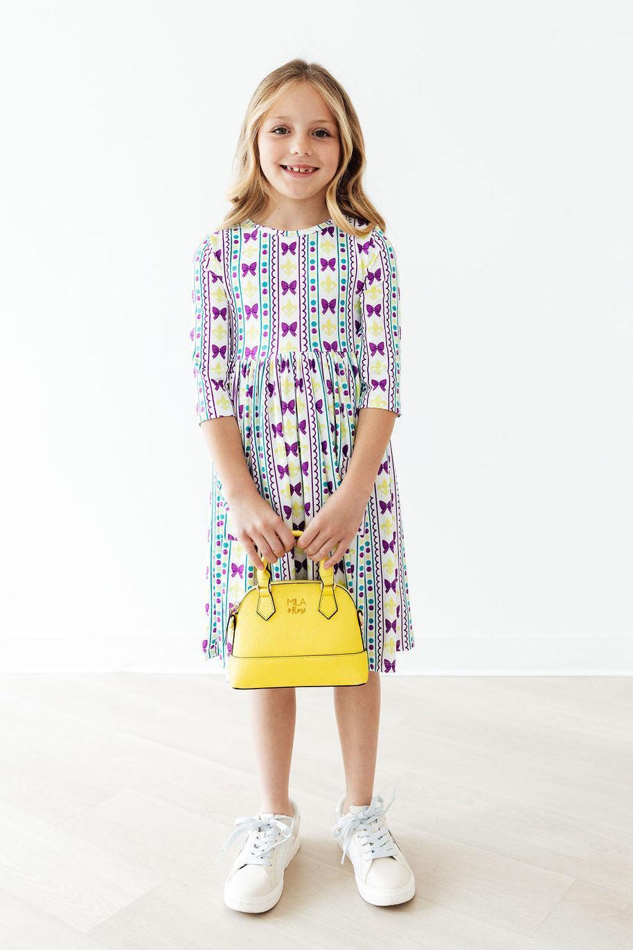 Mardi Gras 3/4 Sleeve Pocket Twirl Dress for Little Girls - The Palm Beach Baby Mila & Rose ®