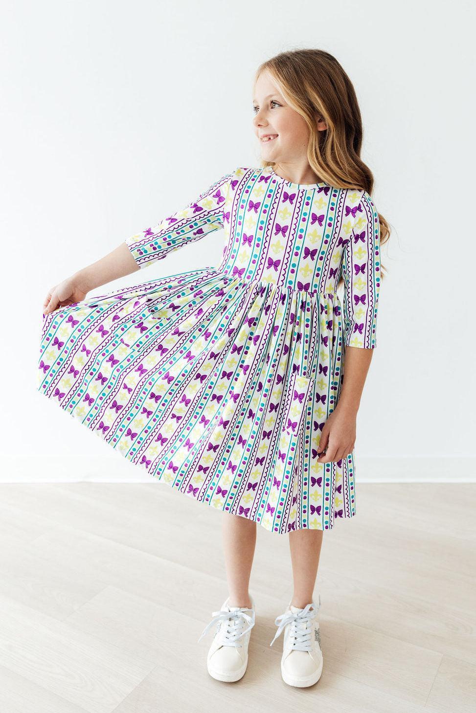 Mardi Gras 3/4 Sleeve Pocket Twirl Dress for Little Girls - The Palm Beach Baby Mila & Rose ®