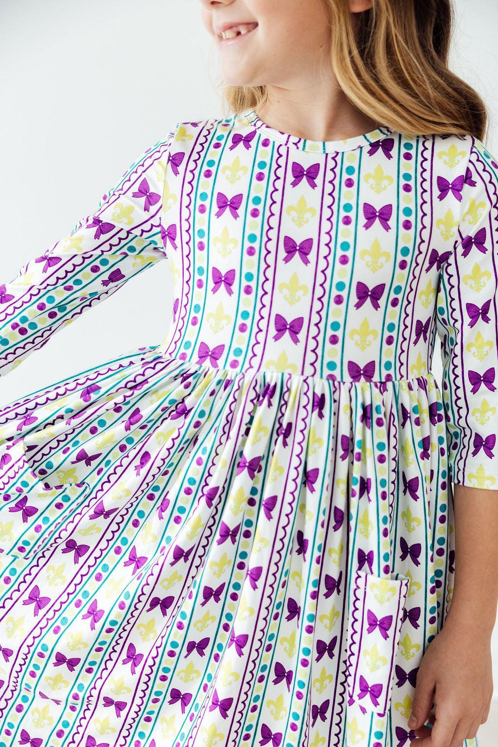 Mardi Gras 3/4 Sleeve Pocket Twirl Dress for Little Girls - The Palm Beach Baby Mila & Rose ®