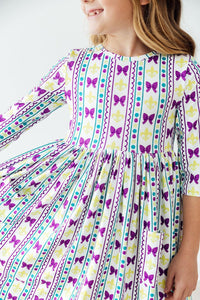 Mardi Gras 3/4 Sleeve Pocket Twirl Dress for Little Girls - The Palm Beach Baby Mila & Rose ®