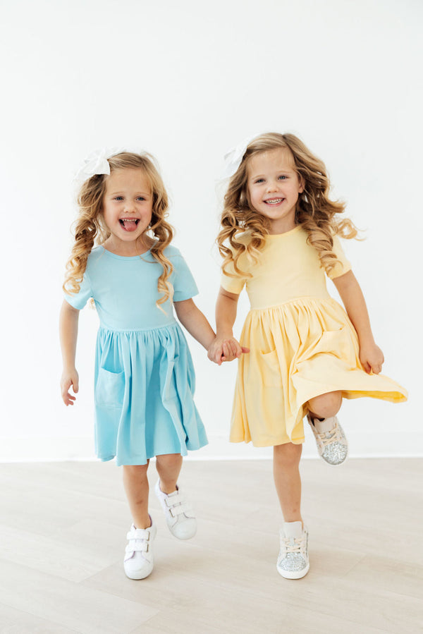 Bluebird Short Sleeve Pocket Twirl Dress For Little Girls - The Palm Beach Baby Mila & Rose ®