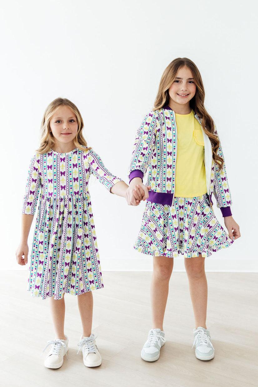 Mardi Gras 3/4 Sleeve Pocket Twirl Dress for Little Girls - The Palm Beach Baby Mila & Rose ®