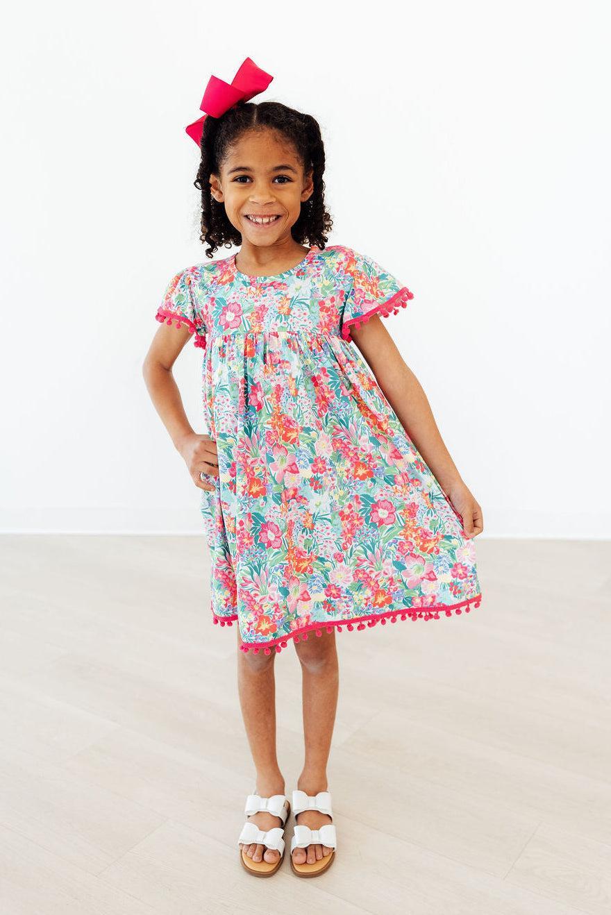 Preppy Petals Cute Pom Pom Dress for Girls - Tropical Print - The Palm Beach Baby Mila & Rose ®