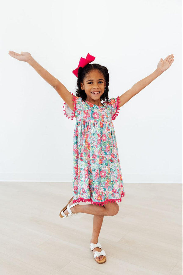 Preppy Petals Cute Pom Pom Dress for Girls - Tropical Print - The Palm Beach Baby Mila & Rose ®