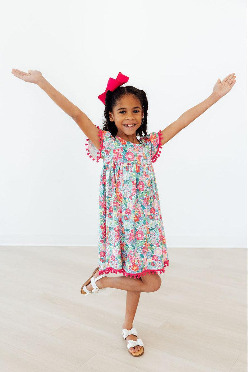Preppy Petals Cute Pom Pom Dress for Girls - Tropical Print - The Palm Beach Baby Mila & Rose ®