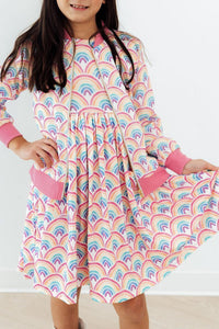 Watercolor Rainbows Short Sleeve Pocket Twirl Dress for girls, pink cuffs and pockets, full twirl skirt.