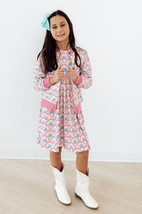Watercolor Rainbows Short Sleeve Pocket Twirl Dress with full twirl skirt and pockets.