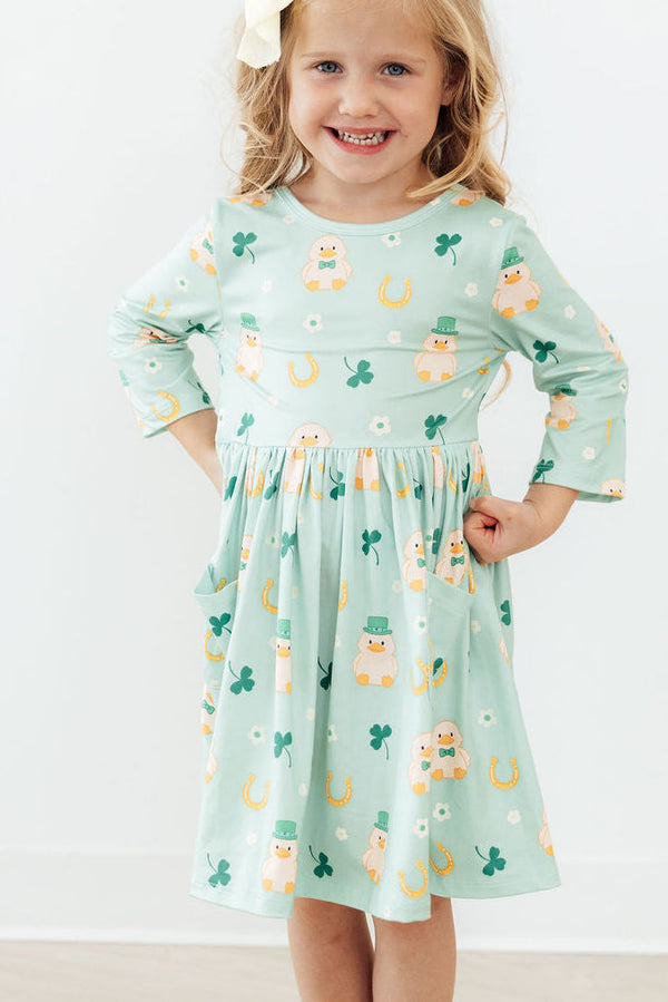 Lucky Duck mint 3/4 sleeve pocket twirl dress with scoop back, ballet neckline, and full twirl skirt.