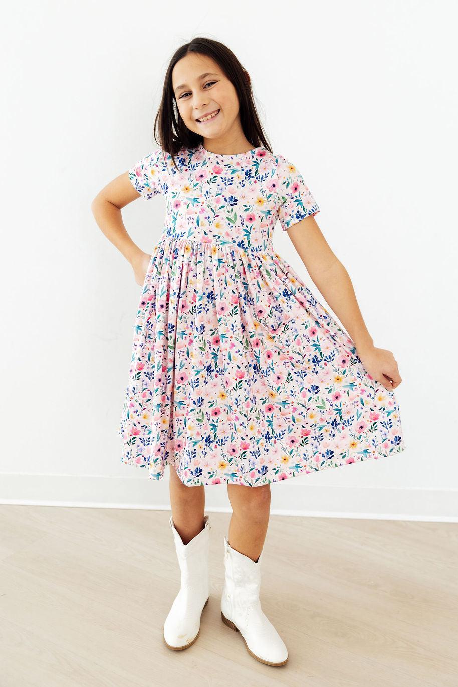 Morning Meadows Short Sleeve Pocket Twirl Dress for Girls - The Palm Beach Baby Mila & Rose ®