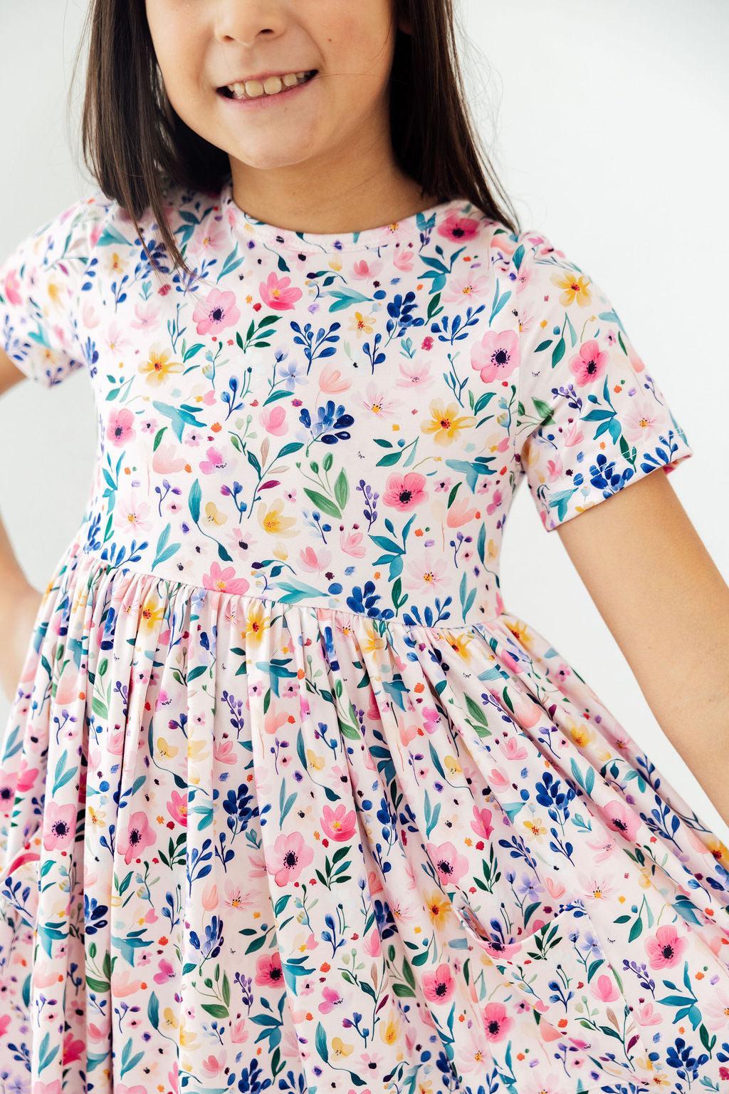 Morning Meadows Short Sleeve Pocket Twirl Dress for Girls - The Palm Beach Baby Mila & Rose ®