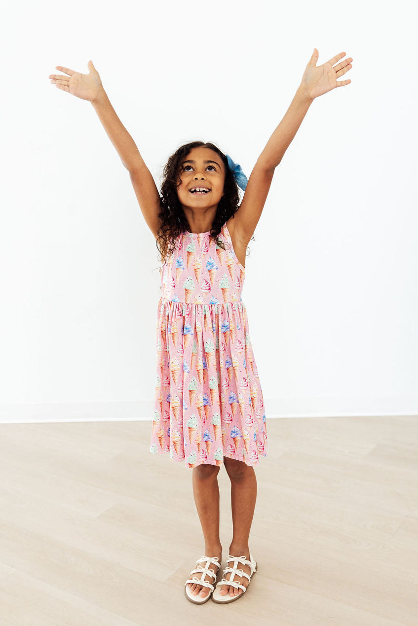 Back scoop design of the Ice Cream Dreams Tank Twirl Dress For Girls, a stylish twirl dress for girls that is easy to wear.
