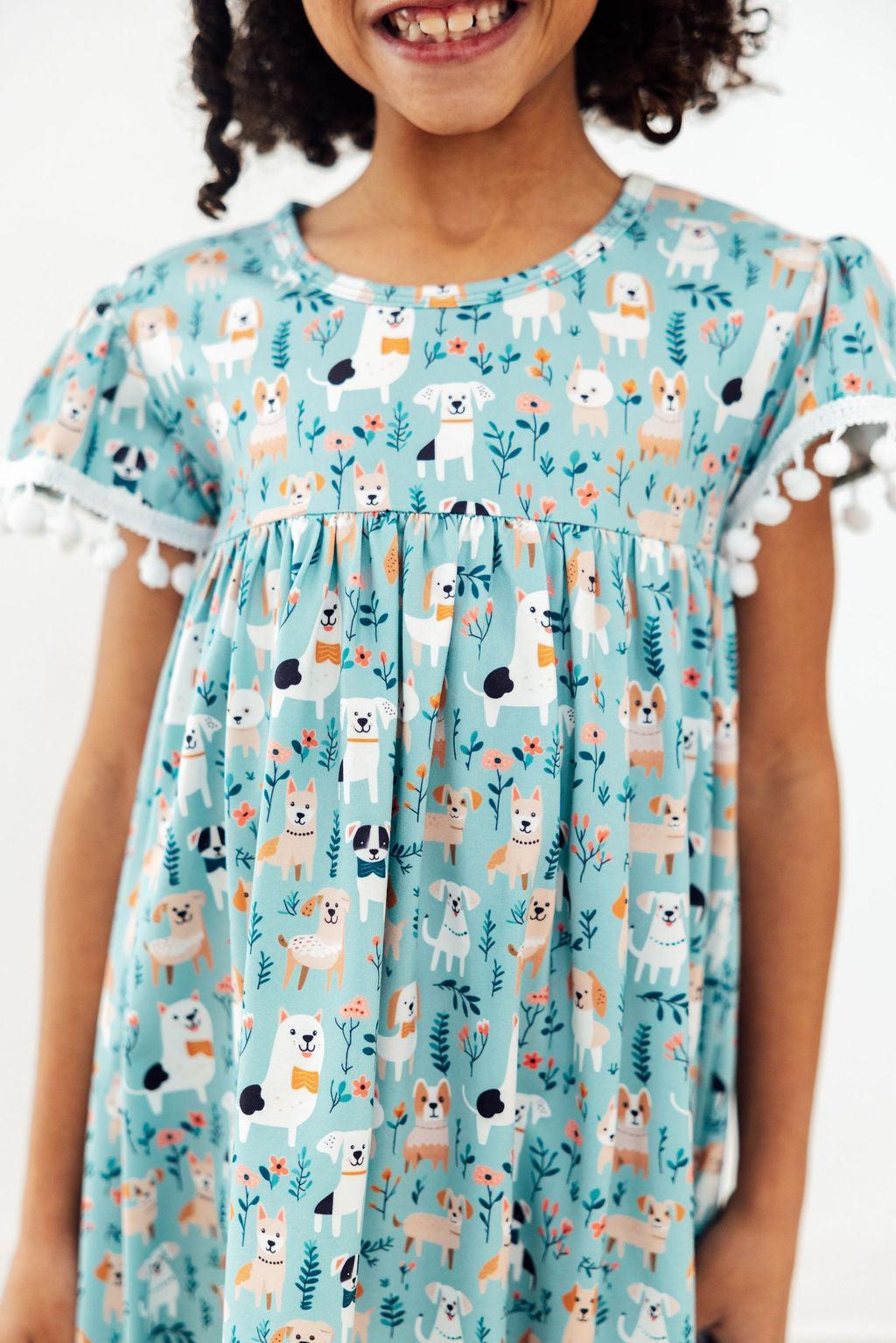 Furry Friends Short Sleeve Girls Pom Pom Dress in Seaside Blue - The Palm Beach Baby Mila & Rose ®