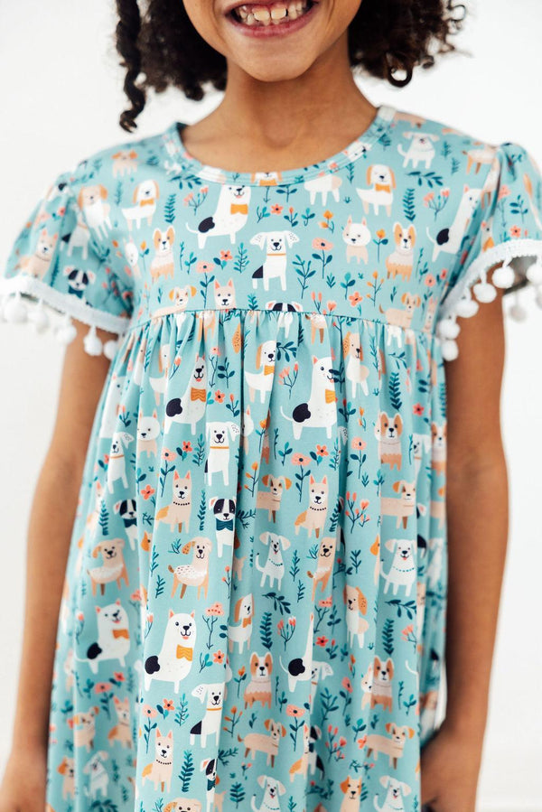 Furry Friends Short Sleeve Girls Pom Pom Dress in Seaside Blue - The Palm Beach Baby Mila & Rose ®