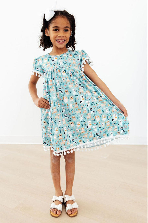 Furry Friends Short Sleeve Girls Pom Pom Dress in Seaside Blue - The Palm Beach Baby Mila & Rose ®