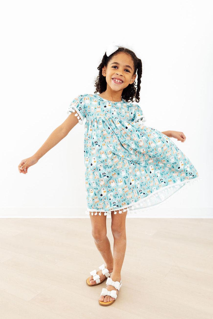 Furry Friends Short Sleeve Girls Pom Pom Dress in Seaside Blue - The Palm Beach Baby Mila & Rose ®