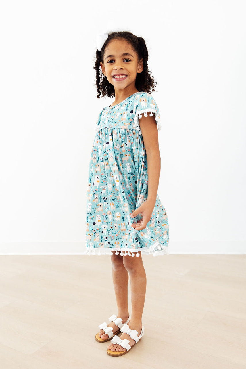 Furry Friends Short Sleeve Girls Pom Pom Dress in Seaside Blue - The Palm Beach Baby Mila & Rose ®