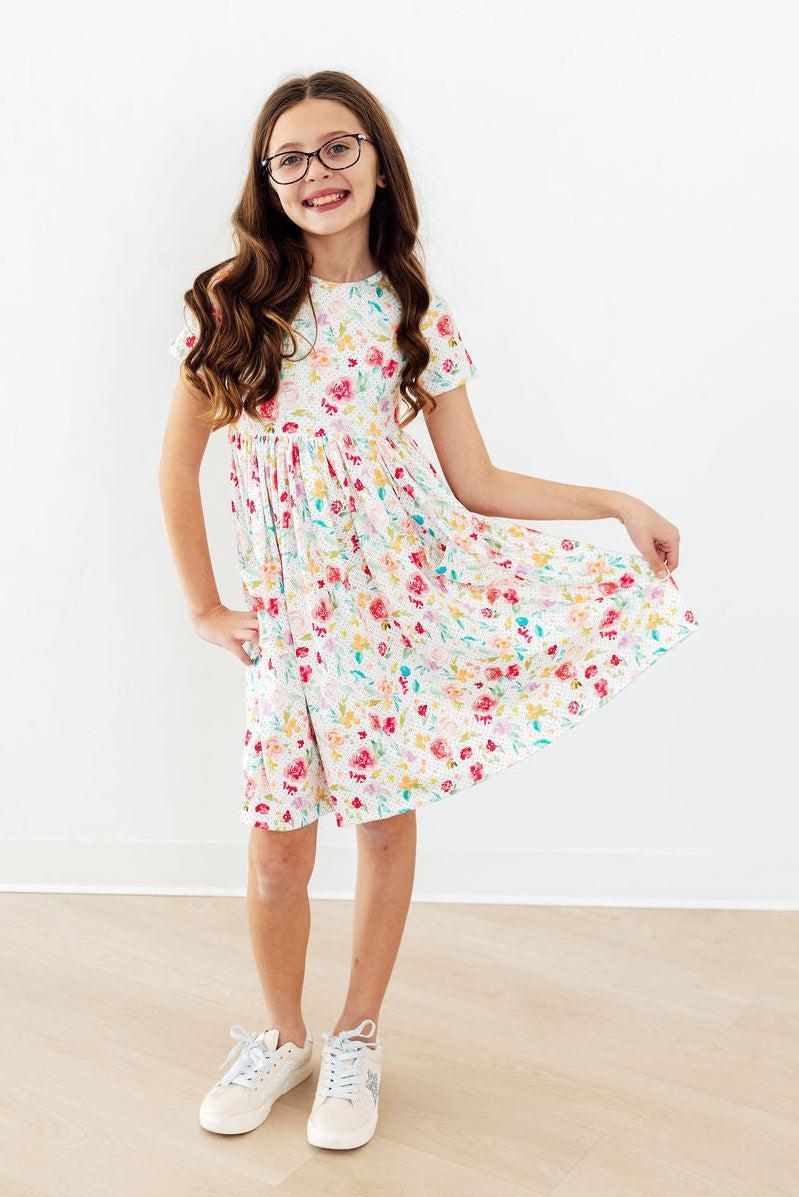 Painted Posies Short Sleeve Pocket Twirl Dress for Girls - The Palm Beach Baby Mila & Rose ®
