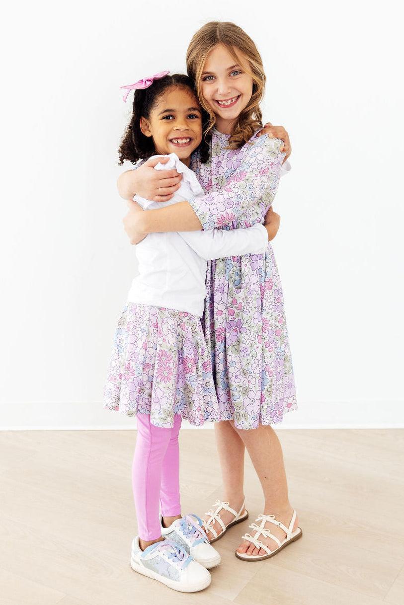 Spring Gardens 3/4 Sleeve Pocket Twirl Dress with scoop back, ballet neckline, full twirl skirt, bright-soft fabric.
