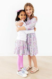 Spring Gardens 3/4 Sleeve Pocket Twirl Dress with scoop back, ballet neckline, full twirl skirt, bright-soft fabric.