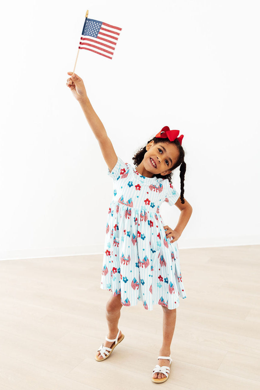 Home of the Brave Patriotic Short Sleeve Twirl Dress for Girls - The Palm Beach Baby Mila & Rose ®