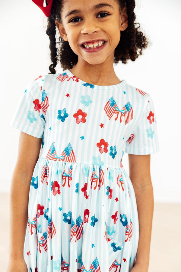 Home of the Brave Patriotic Short Sleeve Twirl Dress for Girls - The Palm Beach Baby Mila & Rose ®