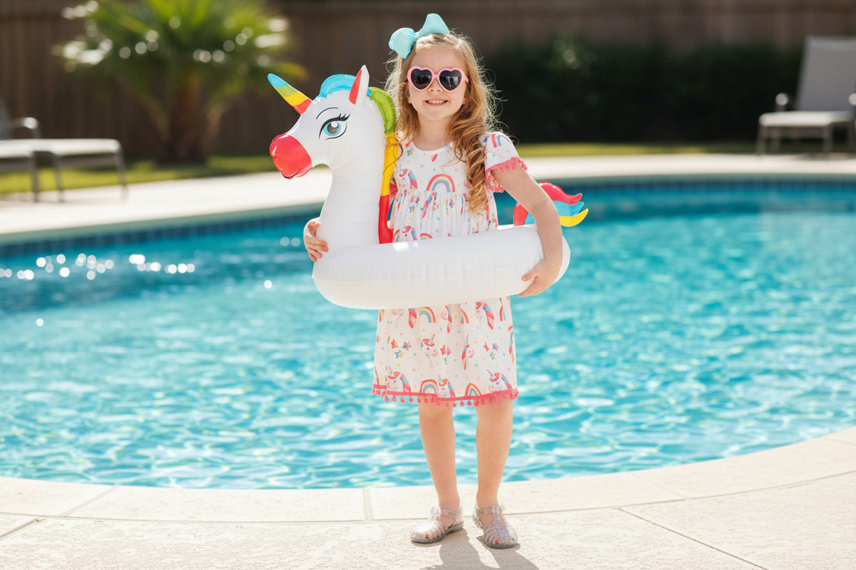 Young girl holding a unicorn-shaped pool float against a blue background