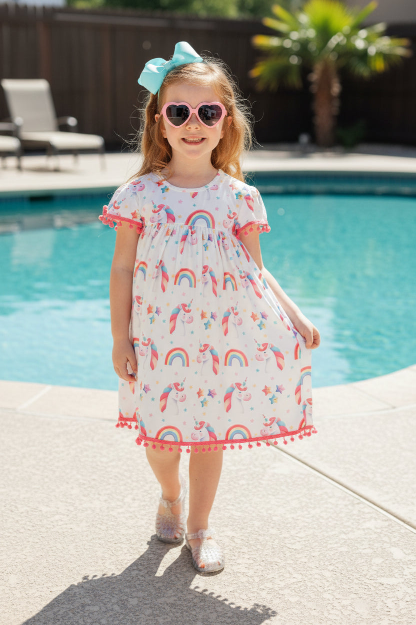 Young girl wearing a colorful dress with rainbow patterns on a blue background