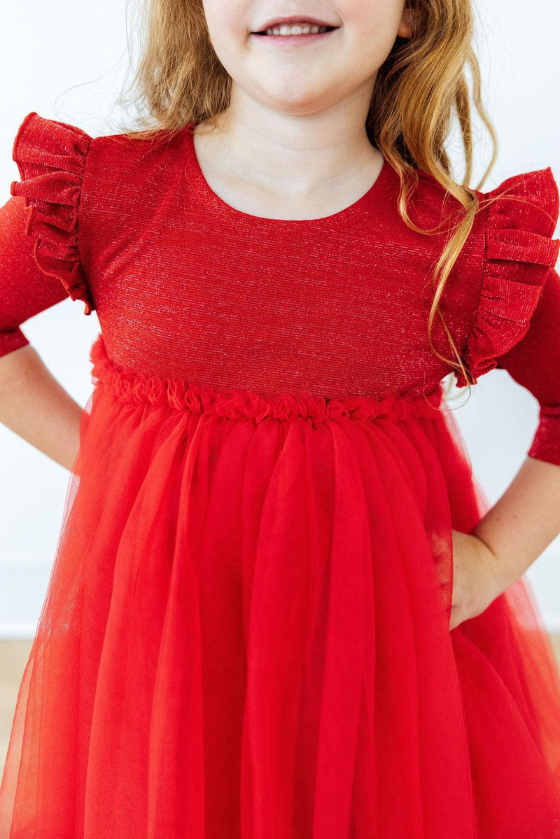 Red shimmer 3/4 sleeve tutu dress for girls with flutter ruffle sleeves and a fluffy tulle skirt.