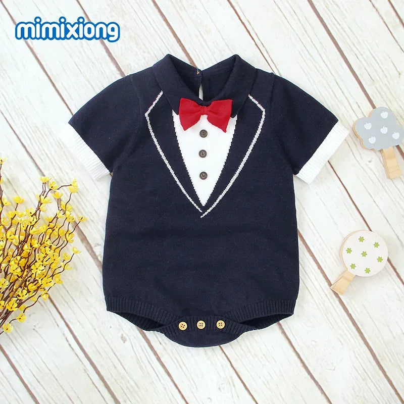 baby boy knit romper navy blue with red bow tie and tuxedo design for infants