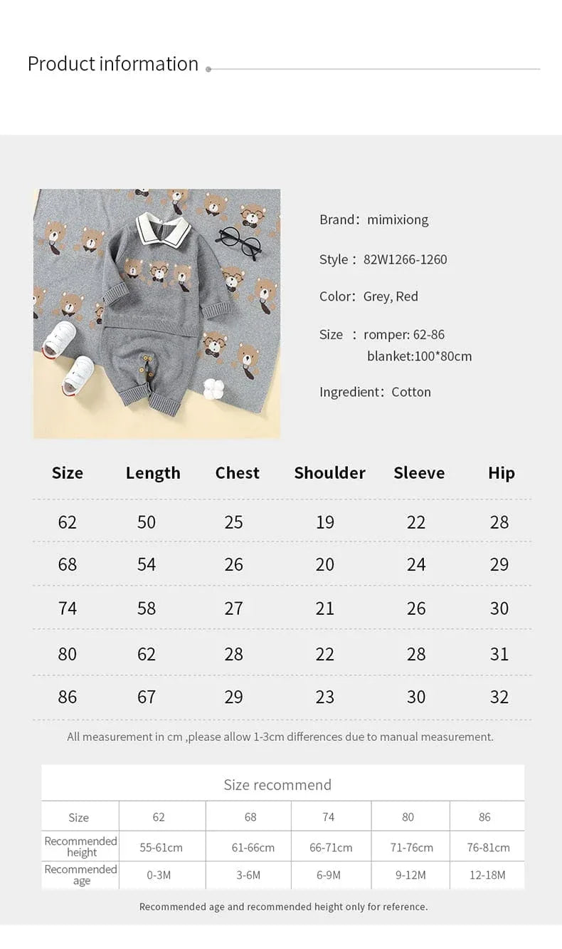 Grey and red baby knit romper and blanket set with bear pattern for newborns size 62 to 86