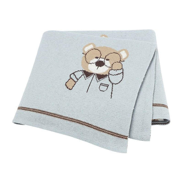 baby knit romper and blanket set with light blue knit blanket featuring a cute bear design for infants