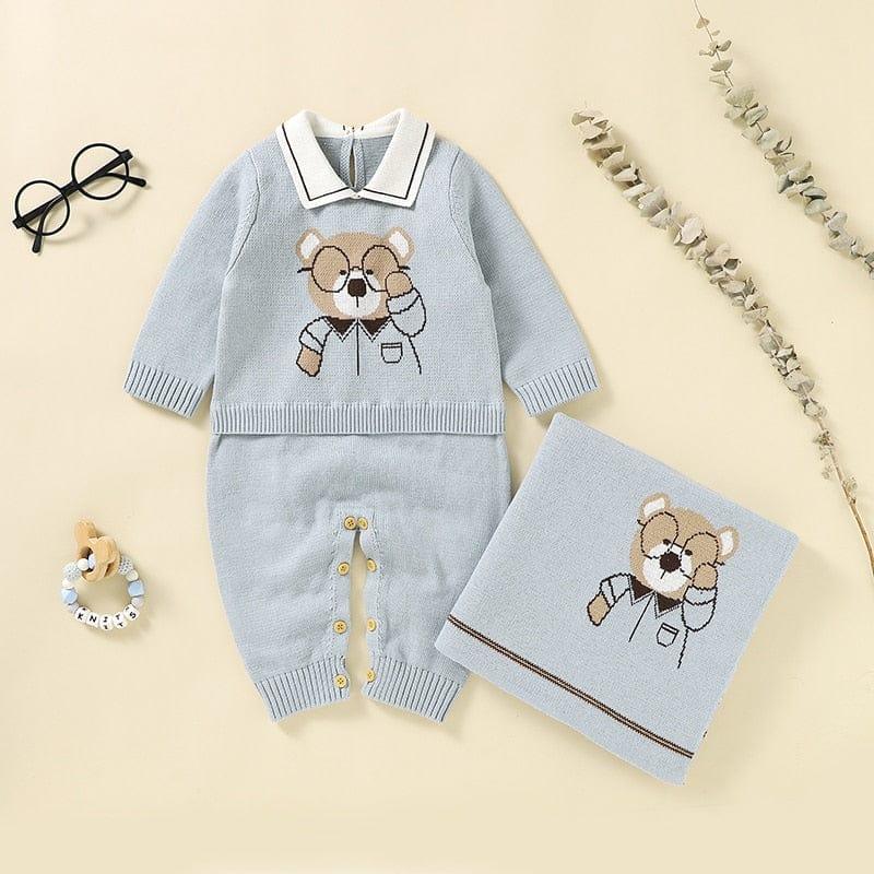 Light blue baby knit romper and blanket set with bear design for newborns and infants
