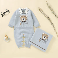 Light blue baby knit romper and blanket set with bear design for newborns and infants