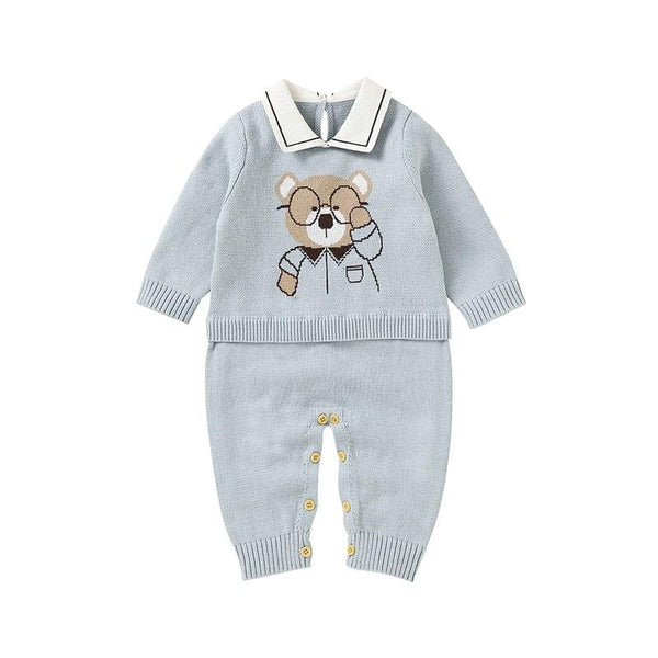 Light blue baby knit romper and blanket set with long sleeves and bear face design for infants