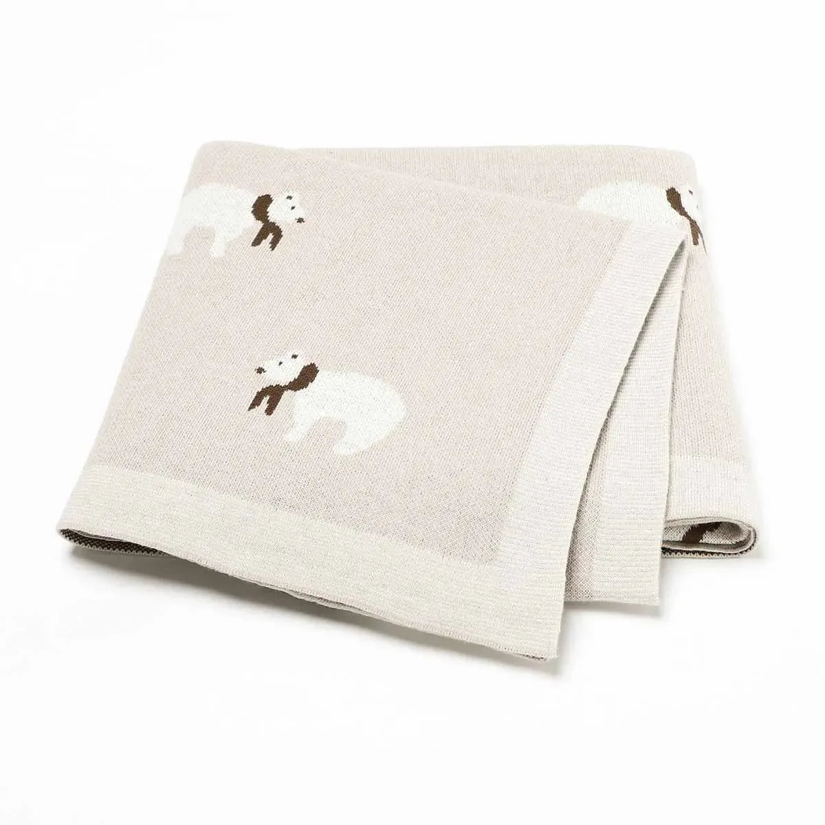 Beige cotton baby blanket for infants with white polar bear design and soft texture