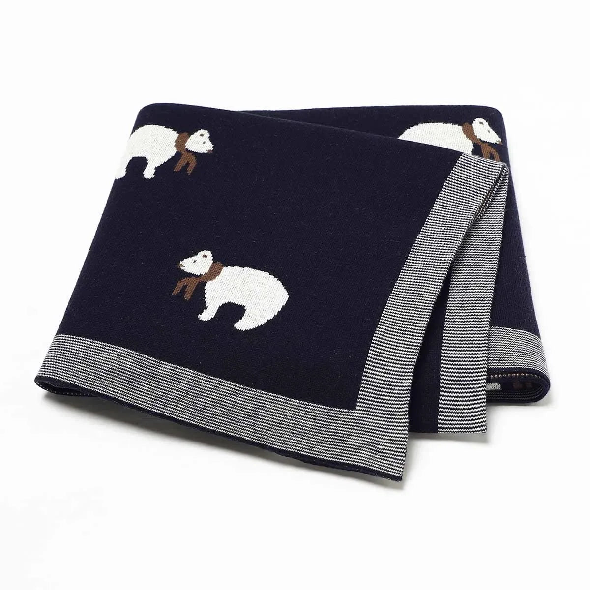 Navy blue cotton baby blanket with white bear design and gray striped edges for infants