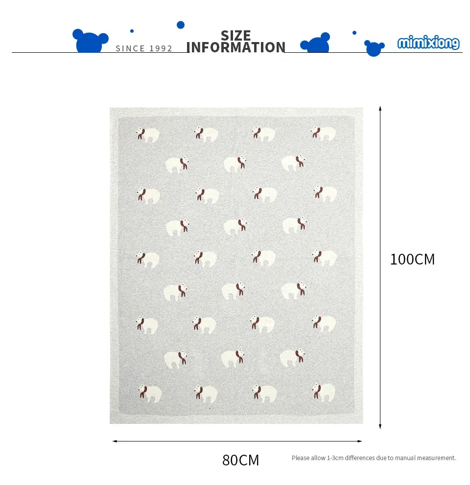 gray cotton baby blanket with white bear pattern measuring 80 by 100 cm for infants