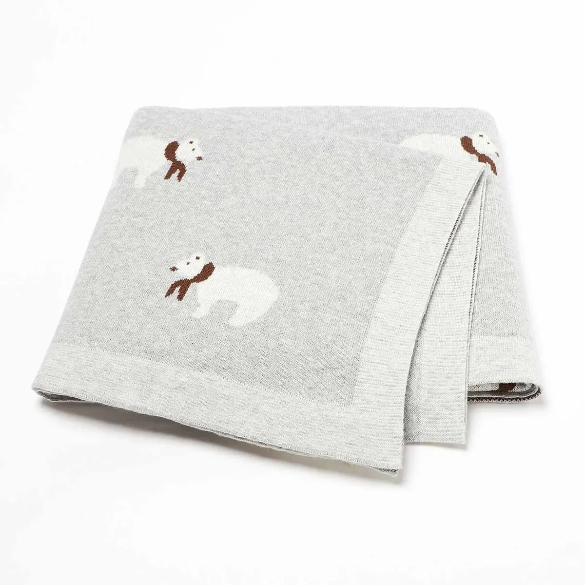 Light gray cotton baby blanket for babies with white bear pattern and brown scarves