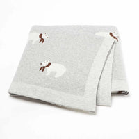 Light gray cotton baby blanket for babies with white bear pattern and brown scarves