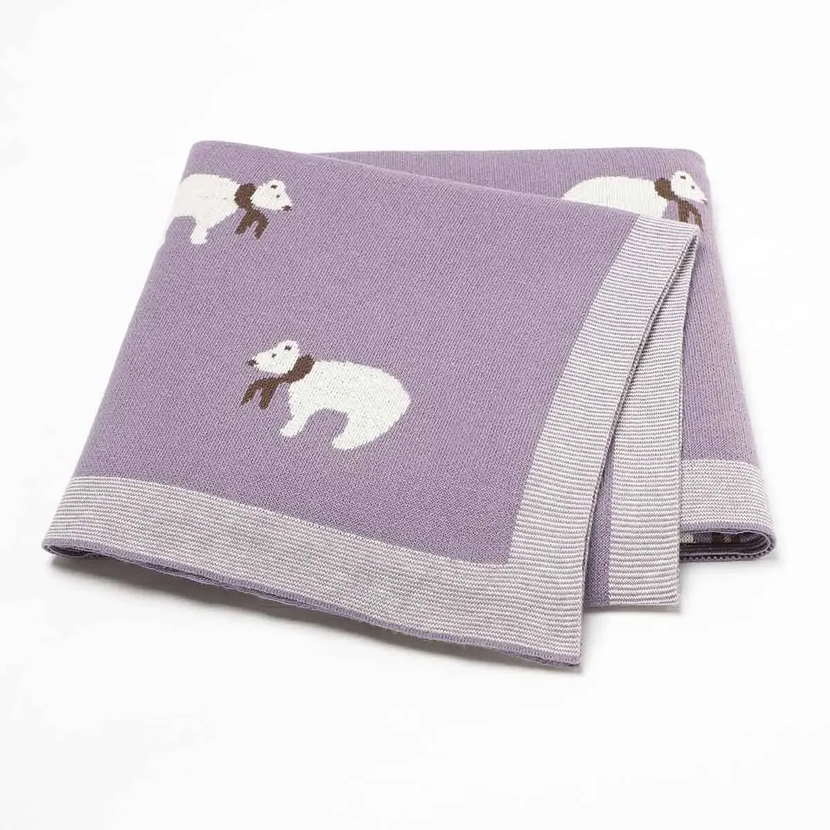 Purple cotton baby blanket with white polar bear design and gray border for infants