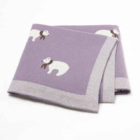 Purple cotton baby blanket with white polar bear design and gray border for infants