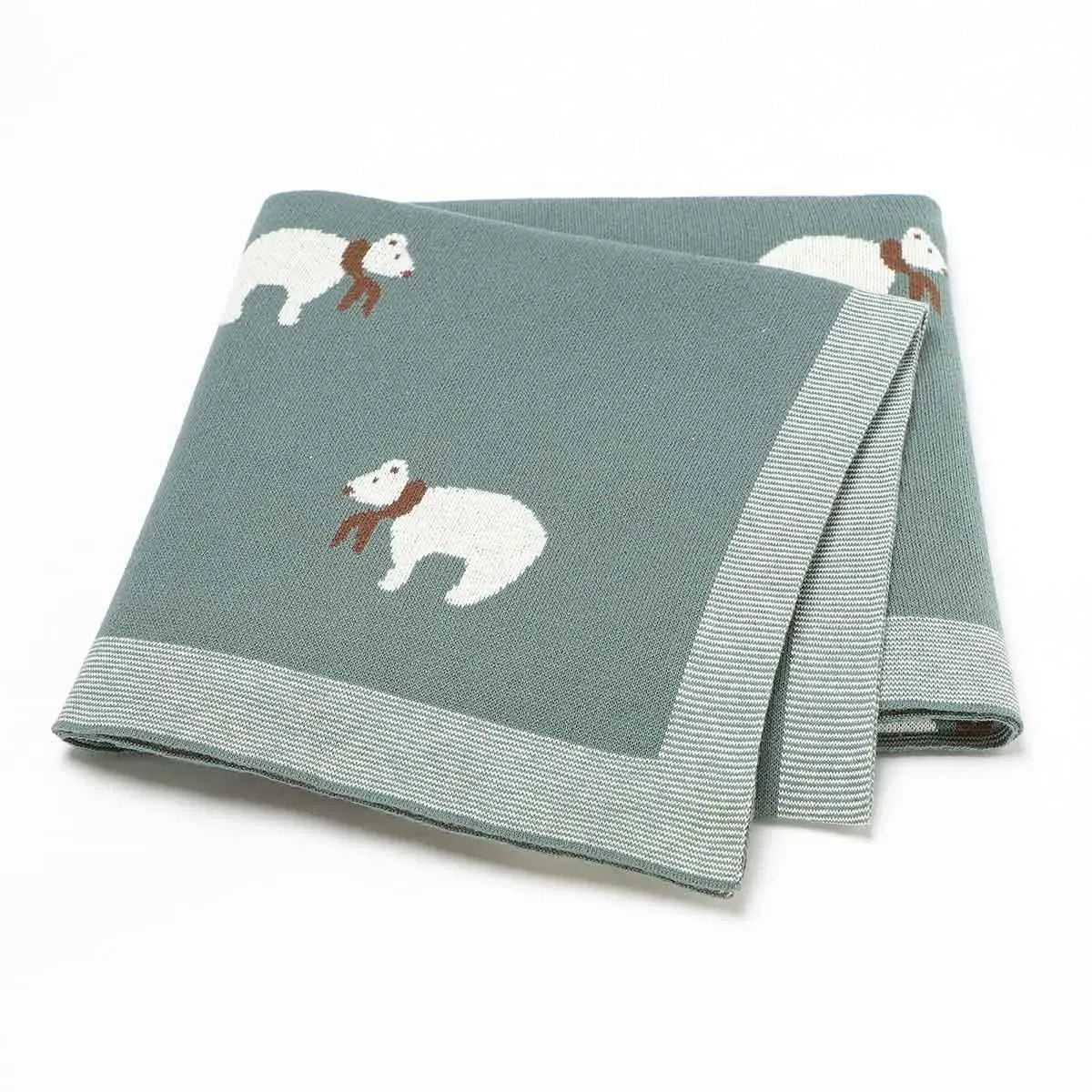 Green cotton baby blanket with white bear pattern for infants, cozy and soft design