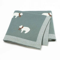 Green cotton baby blanket with white bear pattern for infants, cozy and soft design