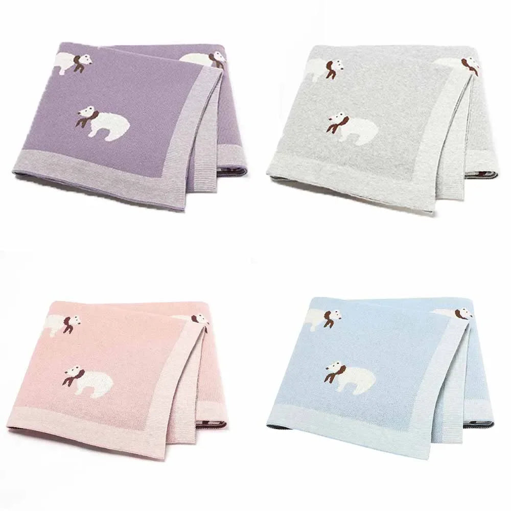 Soft cotton baby blanket in purple gray pink and blue with white polar bear design for infants