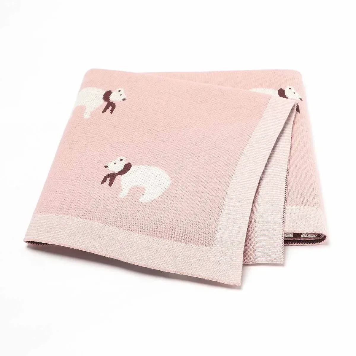 pink cotton baby blanket for infants with white bear pattern and light border