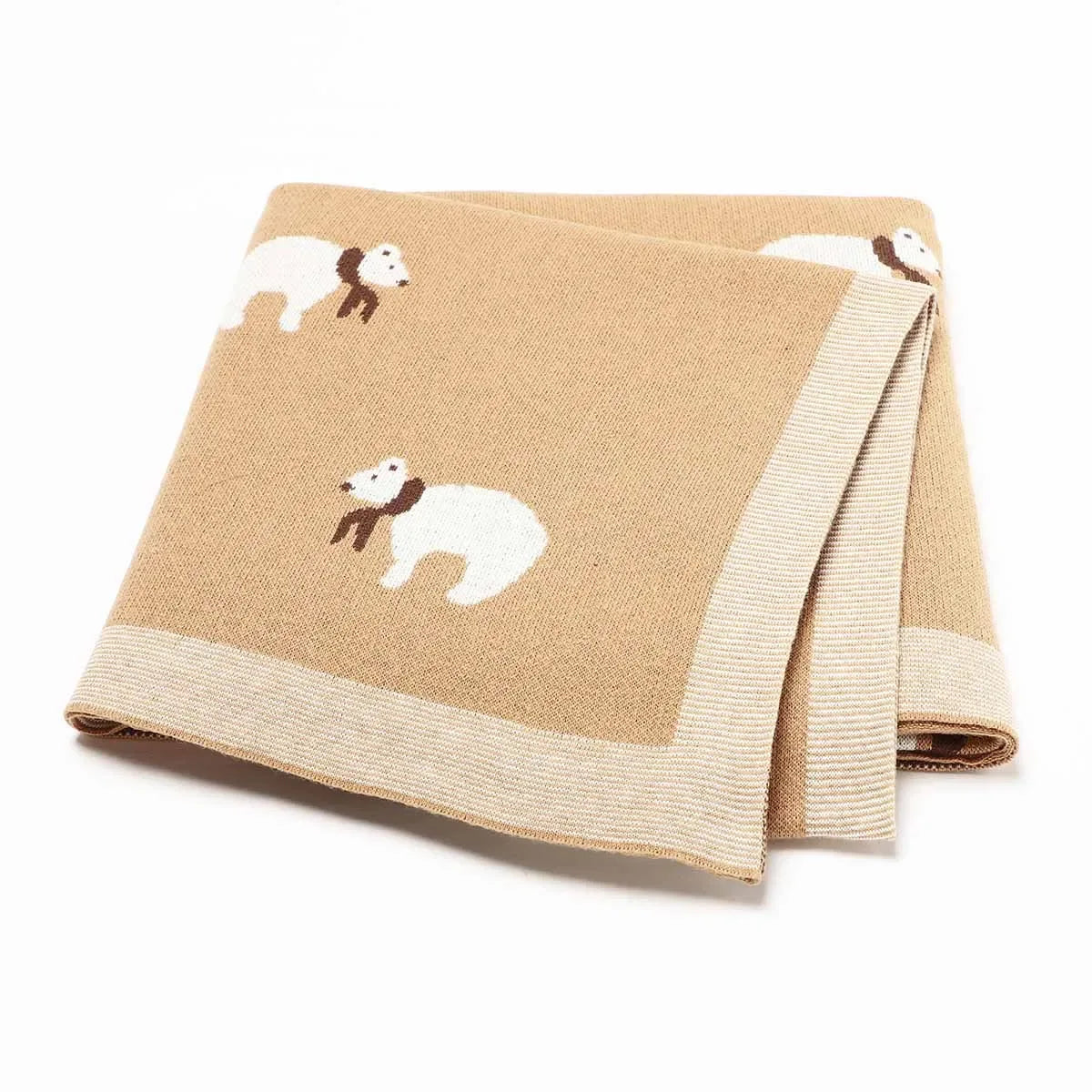 Beige cotton baby blanket with white bear pattern, suitable for newborns and infants