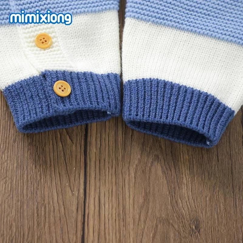 baby boys blue white knit romper sleeves with wooden button detail sizes newborn to 24 months