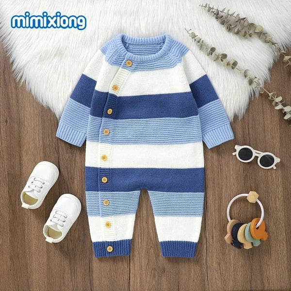 Blue and white striped knit romper for babies with long sleeves and button details