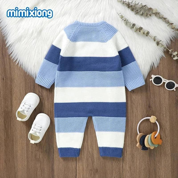 Baby blue and white striped knit romper for newborns with long sleeves and textured knit pattern